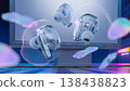 Futuristic transparent wireless earbuds with holographic light effects and a monitor in a dynamic blue city 138438823