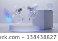 Luxurious transparent wireless earbuds floating over a glowing blue neon podium with a white gift box 138438827