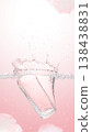 Perfume bottle splashing into clear pink water with air bubbles and delicate flower petals around 138438831