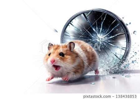 The hamster runs in front of a broken glass mirror. Space for text. 138438853