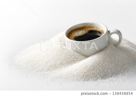 A cup of black coffee in a pile of white sugar. Space for text. 138438854