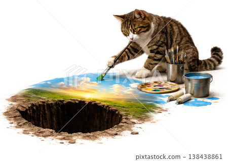 A cat paints a brush on a landscape around a deep hole. Space for text. A cat paints a brush on a landscape around a deep hole. Space for text. 138438861