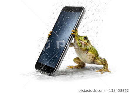 A frog holds a smartphone under a stream of rain. Space for text. A frog holds a smartphone under a stream of rain. Space for text. 138438862