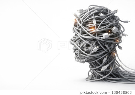 Silhouette of a person's head made of tangled cables and wires. Space for text. Silhouette of a person's head made of tangled cables and wires. Space for text. 138438863