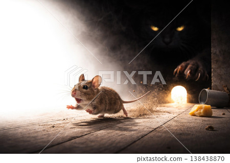 A frightened mouse runs away from a black cat on a wooden floor. Space for text. A frightened mouse runs away from a black cat on a wooden floor. Space for text. 138438870