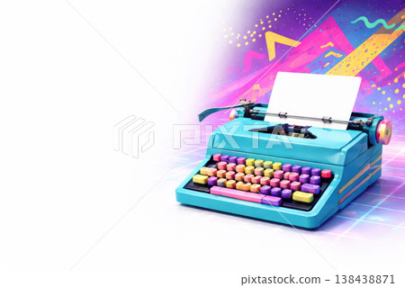 Blue typewriter with a sheet of paper on a neon background. Space for text. Blue typewriter with a sheet of paper on a neon background. Space for text. 138438871