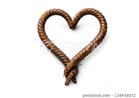 A rusty heart-shaped reinforcing rod on a light background. A rusty heart-shaped reinforcing rod on a light background. 138438872