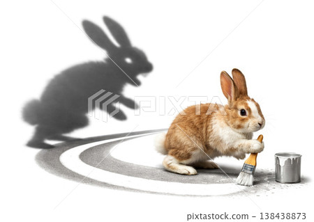 Rabbit with a tassel and a large shadow on a light background. Space for text. Rabbit with a tassel and a large shadow on a light background. Space for text. 138438873