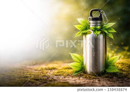 Metal reusable bottle with green leaves on a natural background. Space for text. Metal reusable bottle with green leaves on a natural background. Space for text. 138438874