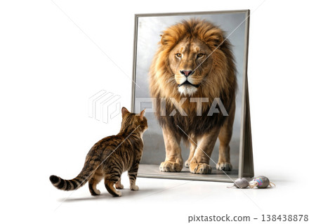 The cat looks in the mirror with the reflection of a lion. Space for text. The cat looks in the mirror with the reflection of a lion. Space for text. 138438878
