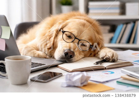 Sleeping golden retriever wearing glasses at his desk. Sleeping golden retriever wearing glasses at his desk. 138438879