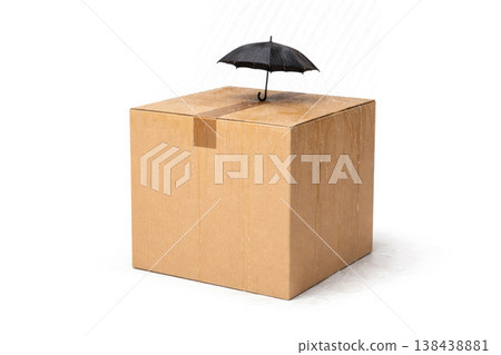 Cardboard box under black umbrella in the rain. Space for text. Cardboard box under black umbrella in the rain. Space for text. 138438881