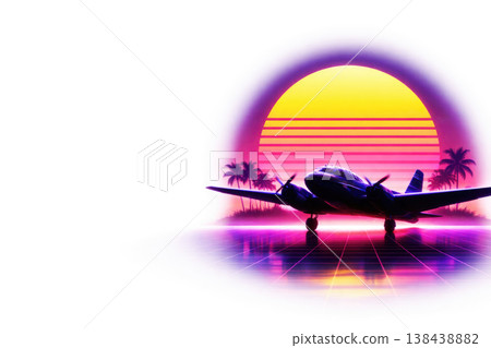 Propeller plane against the backdrop of a neon sunset and palm trees. Space for text. Propeller plane against the backdrop of a neon sunset and palm trees. Space for text. 138438882