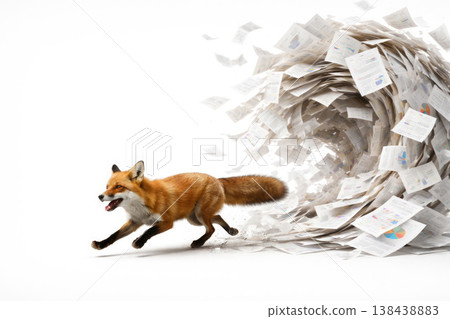A red fox runs next to a whirlwind of paper sheets. Space for text. 138438883