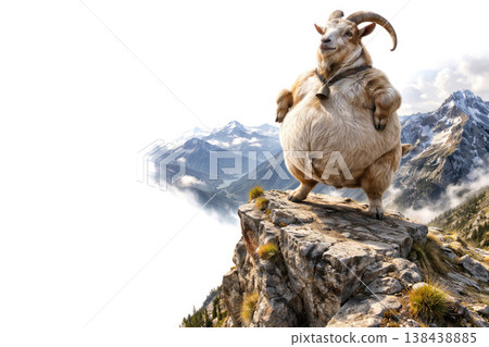 A stout goat with a bell on a mountain rock. Space for text. A stout goat with a bell on a mountain rock. Space for text. 138438885