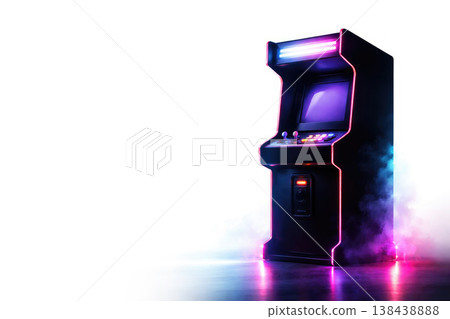 Neon arcade machine with lights and smoke. Space for text. Neon arcade machine with lights and smoke. Space for text. 138438888