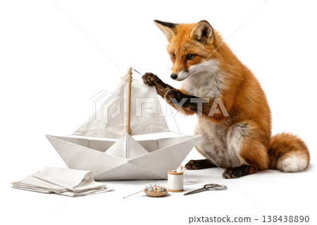 Fox assembling a white paper boat on a light background. Space for text. Fox assembling a white paper boat on a light background. Space for text. 138438890