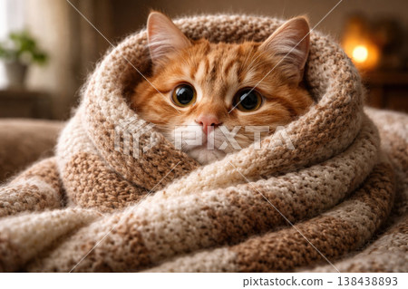 A red-haired kitten wrapped in a knitted blanket close-up. A red-haired kitten wrapped in a knitted blanket close-up. 138438893