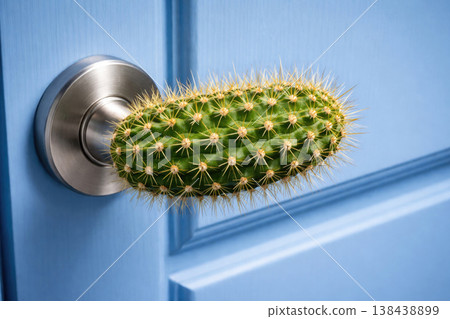 Cactus-shaped door handle on a blue door. Cactus-shaped door handle on a blue door. 138438899