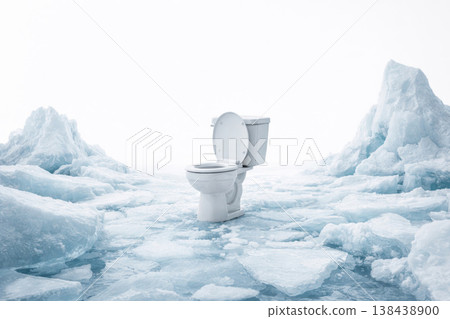 A white toilet bowl among ice floes and icebergs. Space for text. A white toilet bowl among ice floes and icebergs. Space for text. 138438900