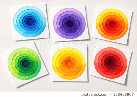 Six colored paper circles on white cards. Six colored paper circles on white cards. 138438907