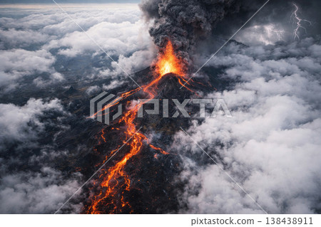Volcanic eruption with lava flows among the clouds. 138438911