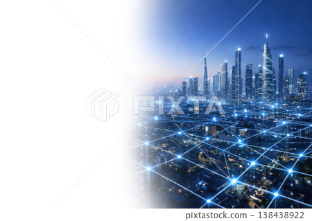 A modern night city with a digital communication network. Space for text. 138438922