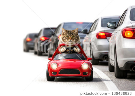 A cat in a red toy car in a traffic jam. Space for text. 138438923