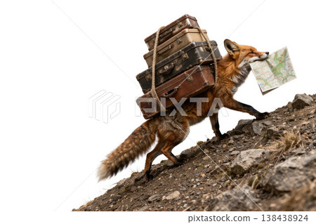 A fox with suitcases and a map climbs a rocky slope. Space for text. 138438924