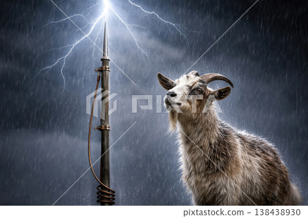 A wet goat next to a lightning rod under lightning and rain. A wet goat next to a lightning rod under lightning and rain. 138438930