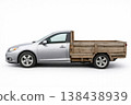 A silver pickup truck with a wooden body on a white background. Space for text. 138438939
