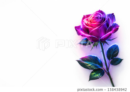 Purple rose with neon lighting on a light background. Space for text. 138438942