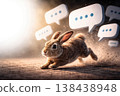 A rabbit runs on the ground against the background of message clouds. Space for text. 138438948