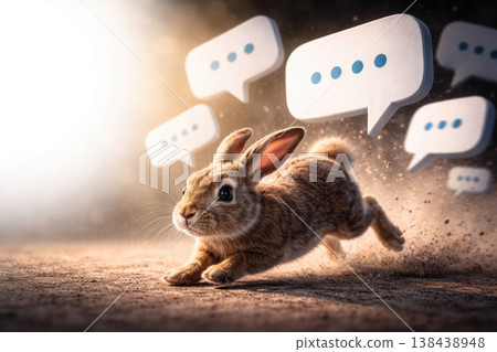A rabbit runs on the ground against the background of message clouds. Space for text. 138438948