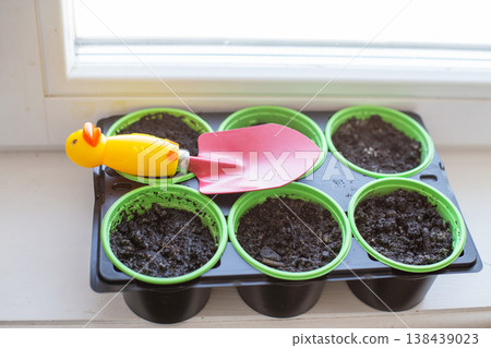 Seedling pots with soil and trowel on windowsill Seedling pots with soil and trowel on windowsill 138439023