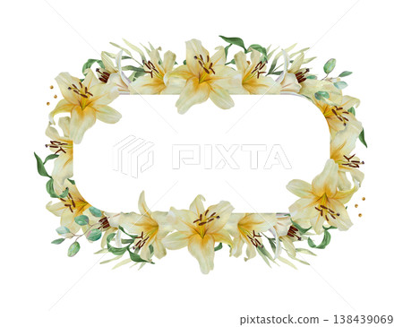 White lilies horizontal template for text. Hand drawn watercolor illustration of delicate pastel flowers, isolated. Suitable for wedding invitations, birthday cards, Easter banners and baptisms. White lilies horizontal template for text. Hand drawn watercolor illustration of delicate pastel flowers, isolated. Suitable for wedding invitations, birthday cards, Easter banners and baptisms. 138439069