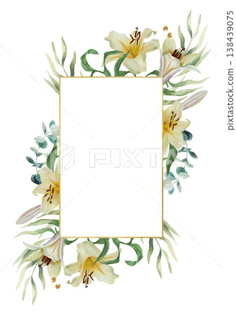 White lilies vertical template. Hand drawn watercolor illustration of delicate pastel flowers, isolated. Suitable for wedding invitations, birthday cards, Easter banners and baptisms. White lilies vertical template. Hand drawn watercolor illustration of delicate pastel flowers, isolated. Suitable for wedding invitations, birthday cards, Easter banners and baptisms. 138439075