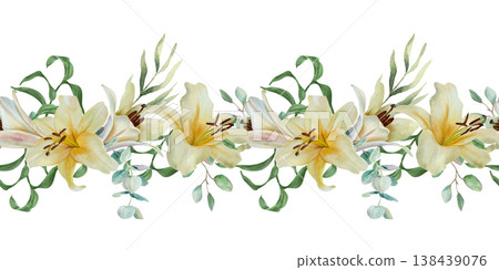 White lilies and green eucalyptus and palm leaves seamless border. Hand drawn watercolor illustration of delicate pastel flowers symbolizing purity. For textile design, wrapping paper and fabric. White lilies and green eucalyptus and palm leaves seamless border. Hand drawn watercolor illustration of delicate pastel flowers symbolizing purity. For textile design, wrapping paper and fabric. 138439076