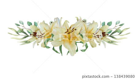 White lilies. Horizontal bouquet with a sprig of eucalyptus. Hand drawn watercolor illustration of pastel flowers, isolated. Suitable for wedding invitations, birthday cards, Easter and funerals. White lilies. Horizontal bouquet with a sprig of eucalyptus. Hand drawn watercolor illustration of pastel flowers, isolated. Suitable for wedding invitations, birthday cards, Easter and funerals. 138439080