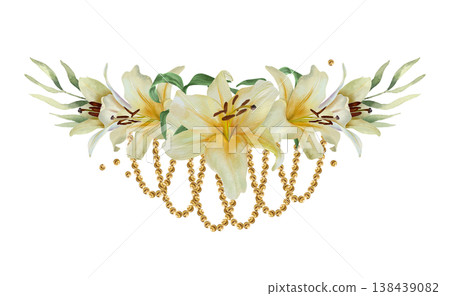 White lilies. Horizontal bouquet of delicate flowers with a sprig of eucalyptus and gold beads. Hand drawn watercolor illustration, isolated. Wedding invitations, birthday cards, Easter and funerals. 138439082