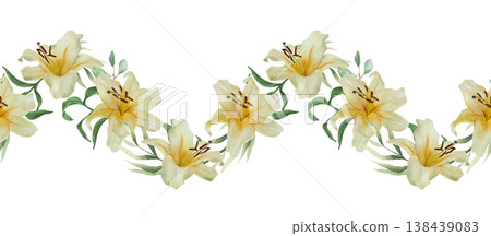 White lilies seamless border in a wave shape. Hand drawn watercolor illustration of delicate pastel flowers symbolizing purity. Suitable for textile design, wrapping paper, covers and fabric. White lilies seamless border in a wave shape. Hand drawn watercolor illustration of delicate pastel flowers symbolizing purity. Suitable for textile design, wrapping paper, covers and fabric. 138439083