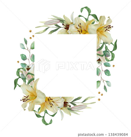 White lilies template. Hand drawn watercolor illustration of delicate pastel flowers, isolated. Suitable for wedding invitations, birthday cards, Easter and baptism banners. 138439084