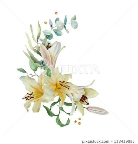 White lilies. Bouquet of delicate pastel flowers with a palm branch and eucalyptus. Hand drawn watercolor illustration, isolated. For wedding invitations, birthday cards, Easter and funerals. White lilies. Bouquet of delicate pastel flowers with a palm branch and eucalyptus. Hand drawn watercolor illustration, isolated. For wedding invitations, birthday cards, Easter and funerals. 138439085