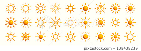 Sunny 3D Sun Icon Set like Flower Set. Summer Sunrice Collection for Bright Happy Vacation Logotype, Sunshine Day Weather Symbol, Solar Energy Logo Concept. Vector Illustration. Sunny 3D Sun Icon Set like Flower Set. Summer Sunrice Collection for Bright Happy Vacation Logotype, Sunshine Day Weather Symbol, Solar Energy Logo Concept. Vector Illustration. 138439239