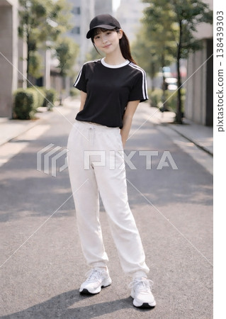 一張休閒運動風的街頭肖像照，照片中的年輕女子身穿黑色T恤和白色運動褲。 138439303