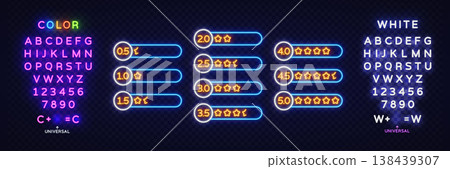 Neon rating scale with numbers and glowing stars in chat bubbles. Bright evaluation icons from low to full score on dark brick wall background Neon rating scale with numbers and glowing stars in chat bubbles. Bright evaluation icons from low to full score on dark brick wall background 138439307