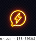 Neon lightning icon inside a speech bubble outline. Glowing electric symbol with warm yellow light on dark transparent background. Great for messaging, communication and power concepts. 138439308