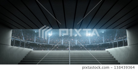 Entrance to modern soccer arena with crowded stands and tunnel stairs. 138439364