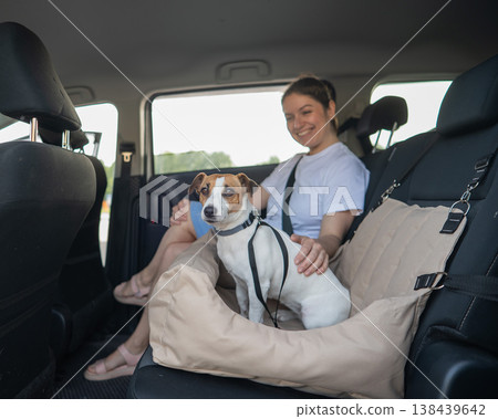 Caucasian woman travels by car with her dog. Jack Russell Terrier in a special car seat. Caucasian woman travels by car with her dog. Jack Russell Terrier in a special car seat. 138439642