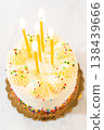 A top-down view of a round frosted birthday cake with five lit candles placed evenly on top. The cake is decorated with piped frosting swirls and sprinkles, set on a white background. 138439666